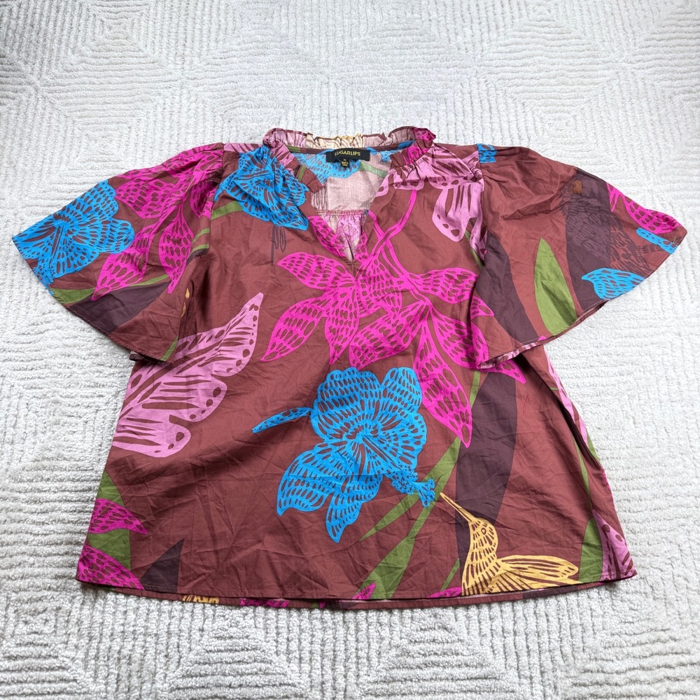 Sugarlips Tropical Bird Floral Top Womens XL Brown Boho Breezy Eclectic Southern